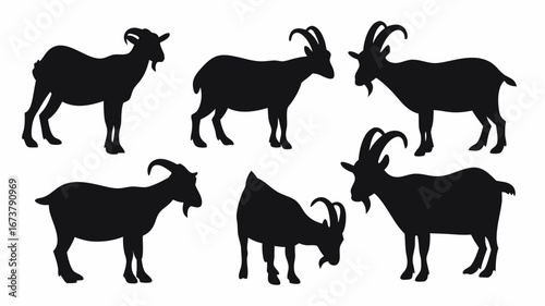Silhouette illustration showing a group of goats in various poses on a white background design style | editable eps vectors