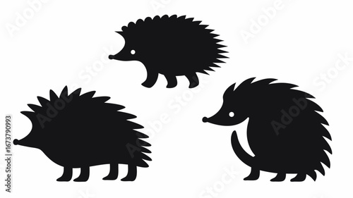 Three black hedgehog silhouettes with visible legs and spines on a white background display animal art | editable eps vectors