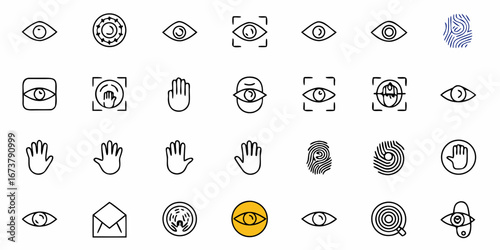 Secure biometric identification icons featuring eyes hands and fingerprints for modern technology concepts