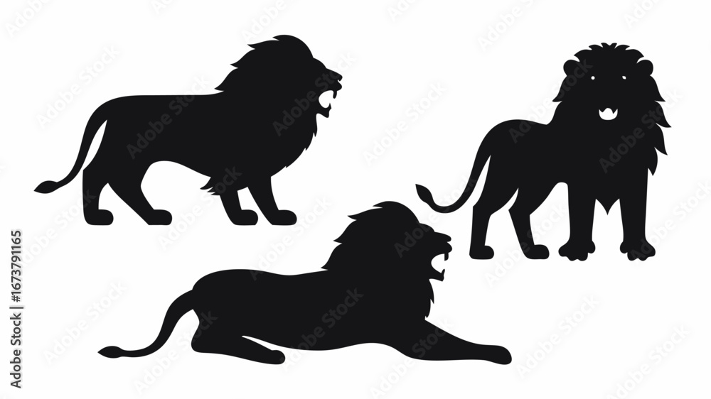 Obraz premium Three lion silhouettes in various poses showing standing roaring and lying down on a white background scene view | editable eps vectors