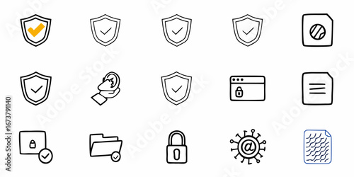 Professional security icons including shields, locks, and verified documents for business and data protection.