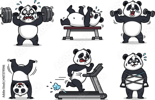 Funny panda gym workout cartoon, fitness animal illustration, cute panda exercising, humorous gym characters, workout challenges, panda training, comic fitness art, exercise humor