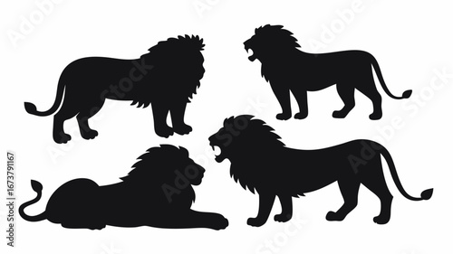 Four lion silhouettes depicted in various poses including standing roaring and lying down majestically | editable eps vectors
