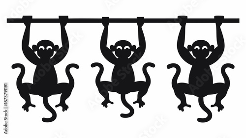 Three silhouette monkeys hanging from a horizontal bar in a playful and whimsical illustration style | editable eps vectors