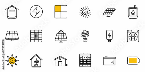 Clean energy icons showcase solar panels lightbulbs batteries and homes for eco-friendly living