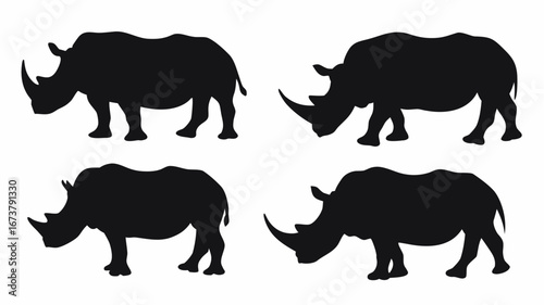 Silhouette depiction of four rhinoceroses in varying poses and orientations against a white background space | editable eps vectors
