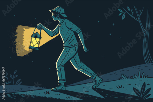 A lone silhouette holding a warm, glowing lantern while embarking on a solitary, twilight journey.