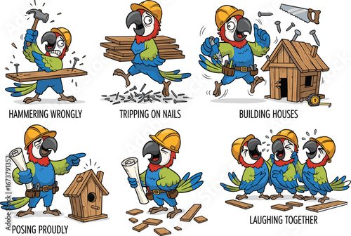 Funny parrot construction cartoon, colorful bird builder illustration, humorous avian handyman scenes, comic carpentry characters, building birdhouse art