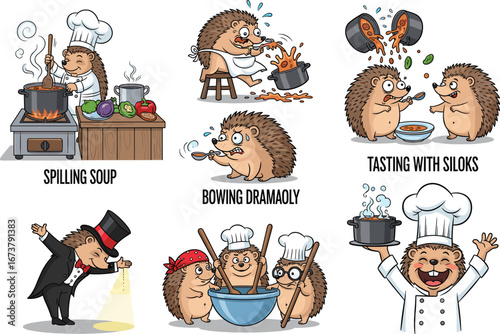 Cartoon hedgehog cooking scenes, funny chef animal illustration, whimsical kitchen art, magical culinary characters, playful soup making, comic vector design, humorous food artwork