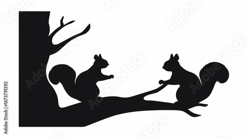 Silhouette of two squirrels facing each other on a tree branch with a tree trunk on the left side | editable eps vectors