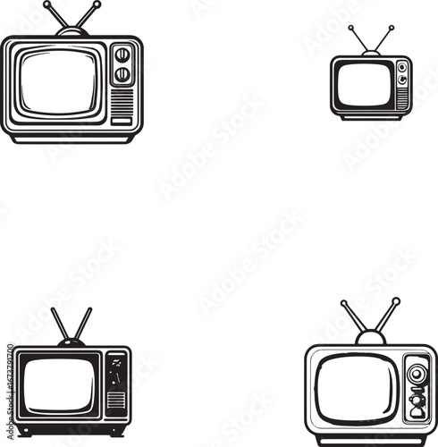 Logo, a vector graphic of a retro TV, simple line art logo, black and white, flat design, white background, 2D, simple shapes, no shadows, white space around the object.eps