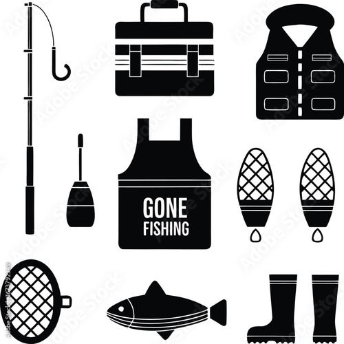 Fishing Gear and Accessories Icons – Vector Set of Rods, Vest, Boots, and More