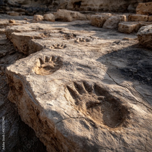 Ancient dinosaur tracks preserved in a dry riverbed setting.