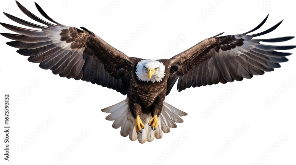 Obraz premium Powerful eagle glides with wide wings isolated on white background