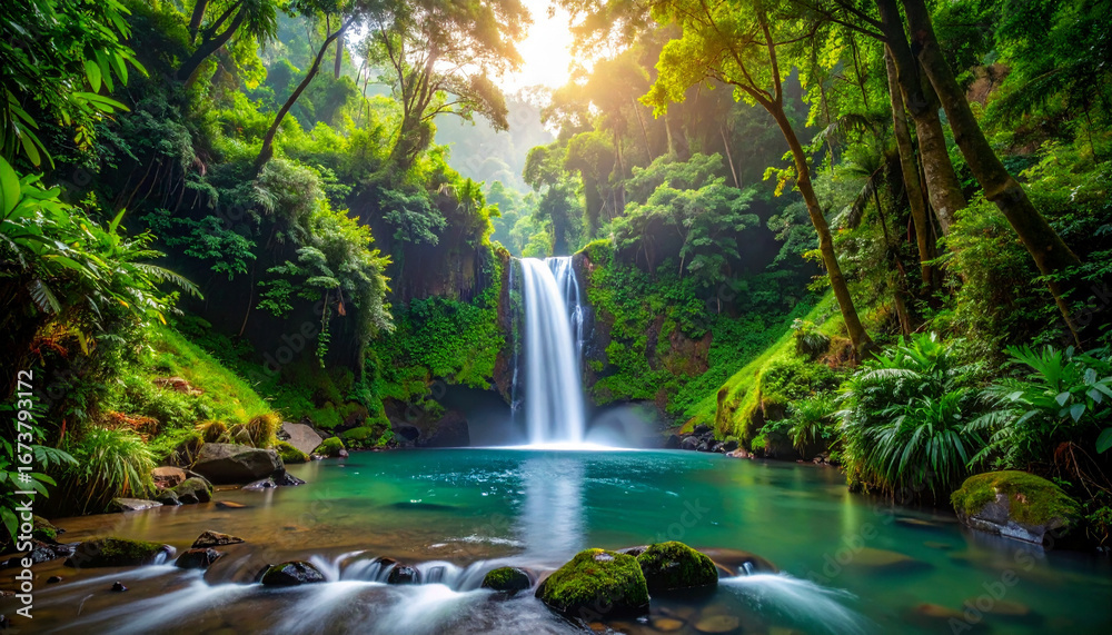 Fototapeta premium Waterfall cascading into turquoise pool surrounded by lush vegetation in tropical rainforest