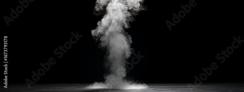 Dynamic and ethereal white smoke plume gracefully rising from a reflective surface against an abyss of deep black, creating a captivating and abstract visual effect