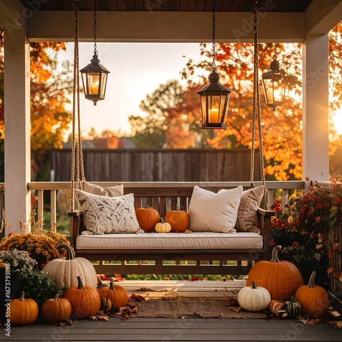 Autumn porch swing with pumpkins