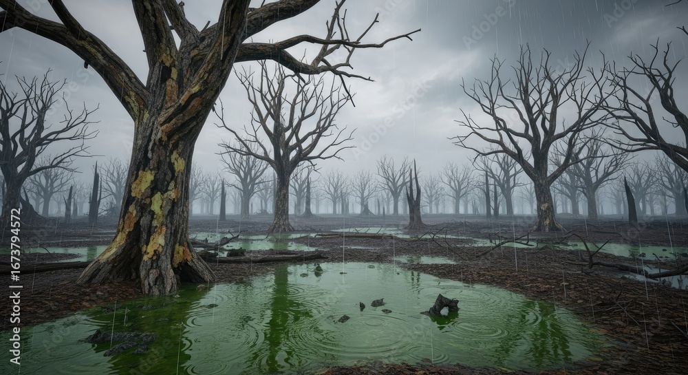 Obraz premium Eerie Swamp with Dead Gnarled Trees and Murky Green Water under a Dark Sky, Representing a Degraded Ecosystem