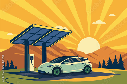Sleek solar-powered electric car charging at a futuristic station, bathed in the warm glow of a setting sun and ambient park lighting.