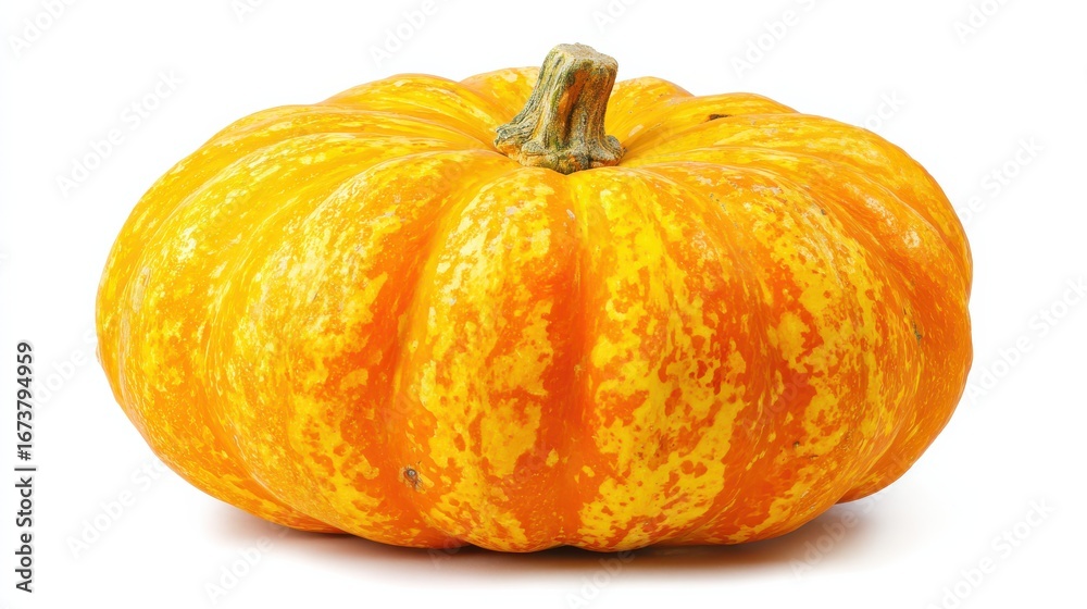 Obraz premium Vibrant and Textured Yellow Pumpkin with Stripes on White Background Showcasing Autumn Harvest and Seasonal Decor