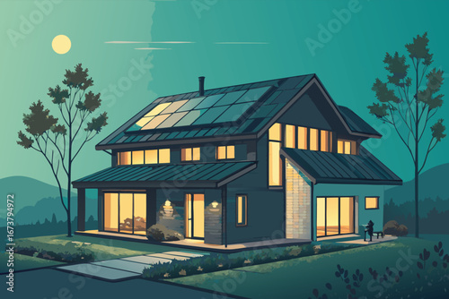 A sleek, modern solar-powered futuristic dwelling boasting an illuminated, energy-generating roof structure.