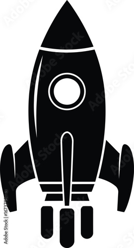 Black rocket ship icon with exhaust symbolizing launch space travel business startup and rapid progress