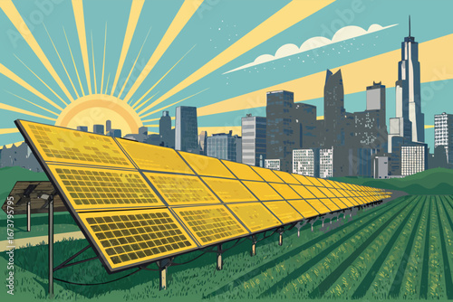 Vast solar panel field shimmering under a brilliant sun, capturing clean energy.