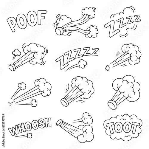 Collection of comic book style sound effects and action lines, depicting explosions and other dynamic movements.