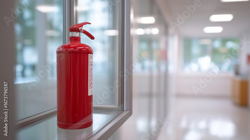 Wallpaper Mural Red fire extinguisher securely placed inside transparent cabinet mounted on clean hospital wall polished floors reflecting soft fluorescent lighting emphasizing healthcare safety Torontodigital.ca