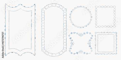 Collection of delicate blue watercolor hand drawn decorative frames and borders with floral elements