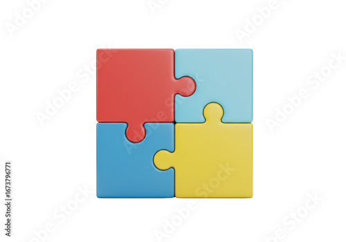 Isolated multicolored puzzle pieces together with red, blue, yellow, and cyan colors