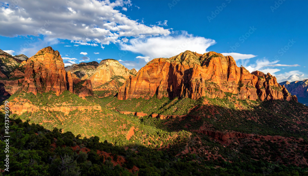 Naklejka premium Zion national park landscape bathed in sunlight with vibrant colors and dramatic sky