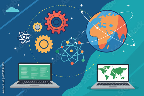 Dynamic STEM education campaign visuals atom nucleus, interlocking gears, and abstract 'LA' letters, vibrant, modern, growth, learning.