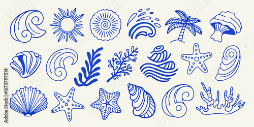 Collection of hand drawn blue line art ocean and beach elements on a light background