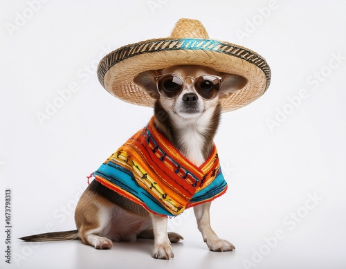 full-body of chihuahua wearing huipil, sunglasses and sombrero; white background