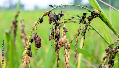 Damaged rice plant with diseased grains