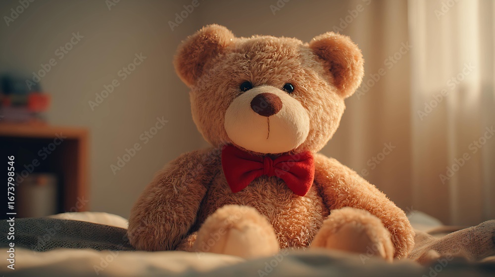 Obraz premium A soft teddy bear with a red bowtie sits on a bed, exuding warmth and comfort in a softly lit room.