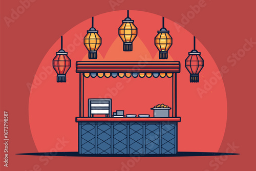Vibrant street food stall in a bustling city selling succulent shawarma, illuminated by glowing Arabic script.