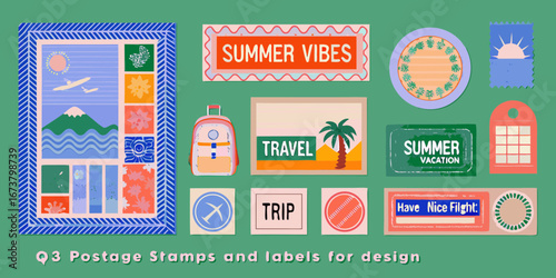 Collection of colorful travel themed stamps and labels with summer vacation and trip messages