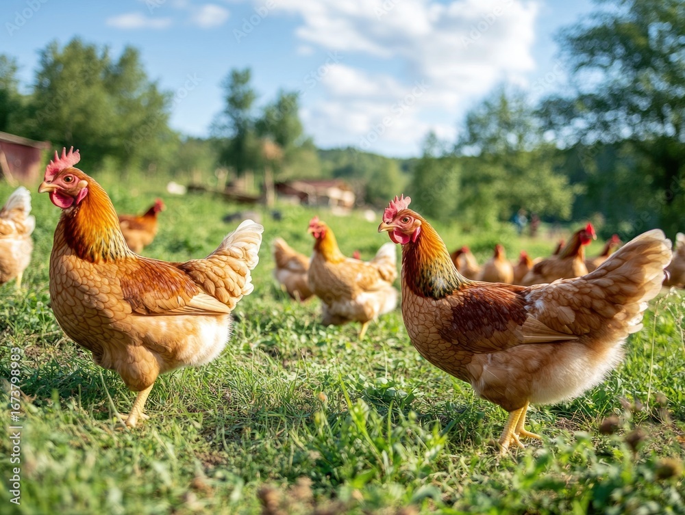 Fototapeta premium Free-range chickens foraging in a grassy field