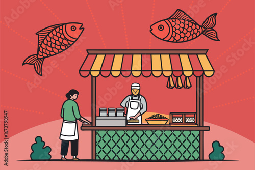 A vibrant street vendor stall selling delicious taiyaki, the iconic fish-shaped Japanese pastry, glistening under warm sunlight.