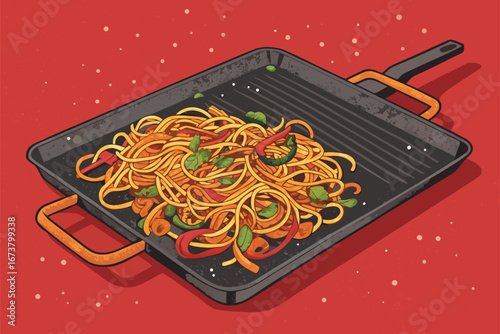 Street food poster featuring delicious yakisoba noodles on a flat surface, vibrant colors, Asian cuisine, urban setting, culinary art.
