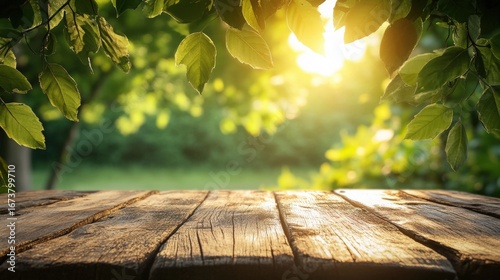 A serene scene featuring sunlight filtering through lush green leaves, casting a warm glow on a rustic wooden surface.