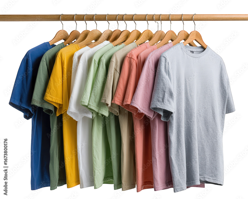 Fototapeta premium Colorful t shirt collection on wooden hangers, plain cotton short sleeve tops in various shades, casual fashion display, organized and vibrant, isolated on transparency background