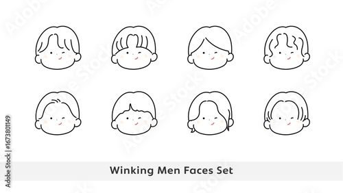 ウィンクの男性 顔イラストセット 線画