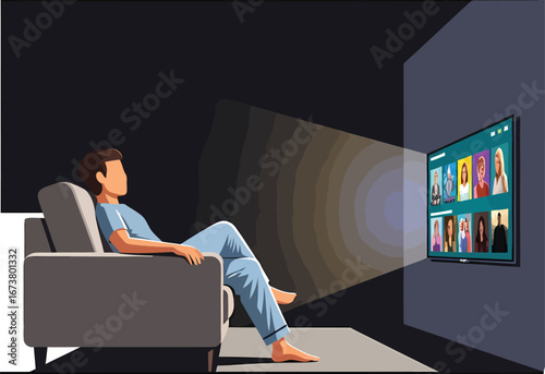 Man relaxing on couch watching streaming service on television.
