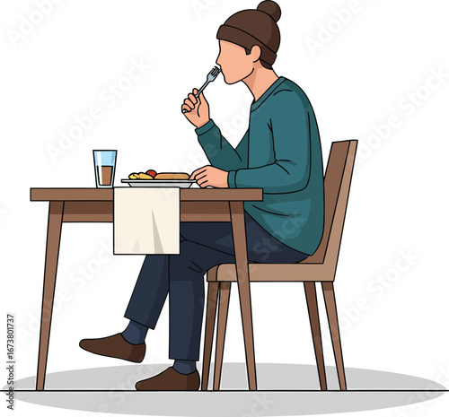 Person eating a meal at a wooden table with a drink.