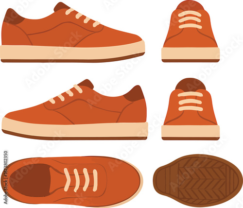 Set of Flat Design Orange Sneakers from Multiple Angles.
