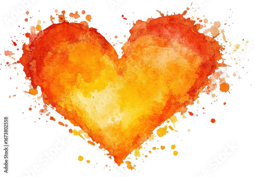 Vibrant watercolor heart with splashes of orange and yellow tones