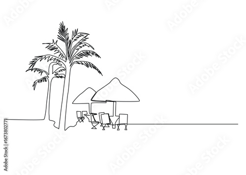 continuous one line art of coconut tree and beach mattress Tourism beach sea.